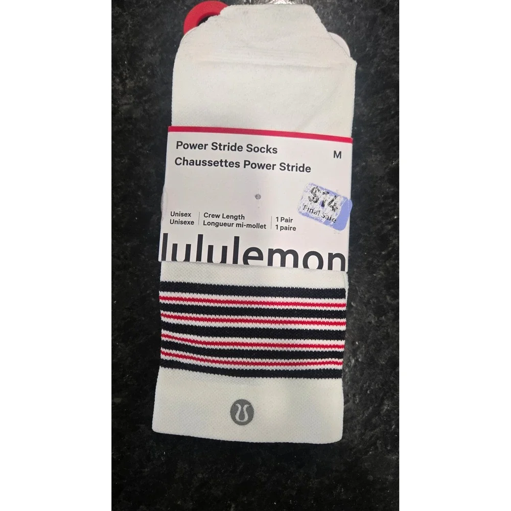 Lululemon Power Stride Crew Socks White Striped Unisex Size M LU9DBNS Workout